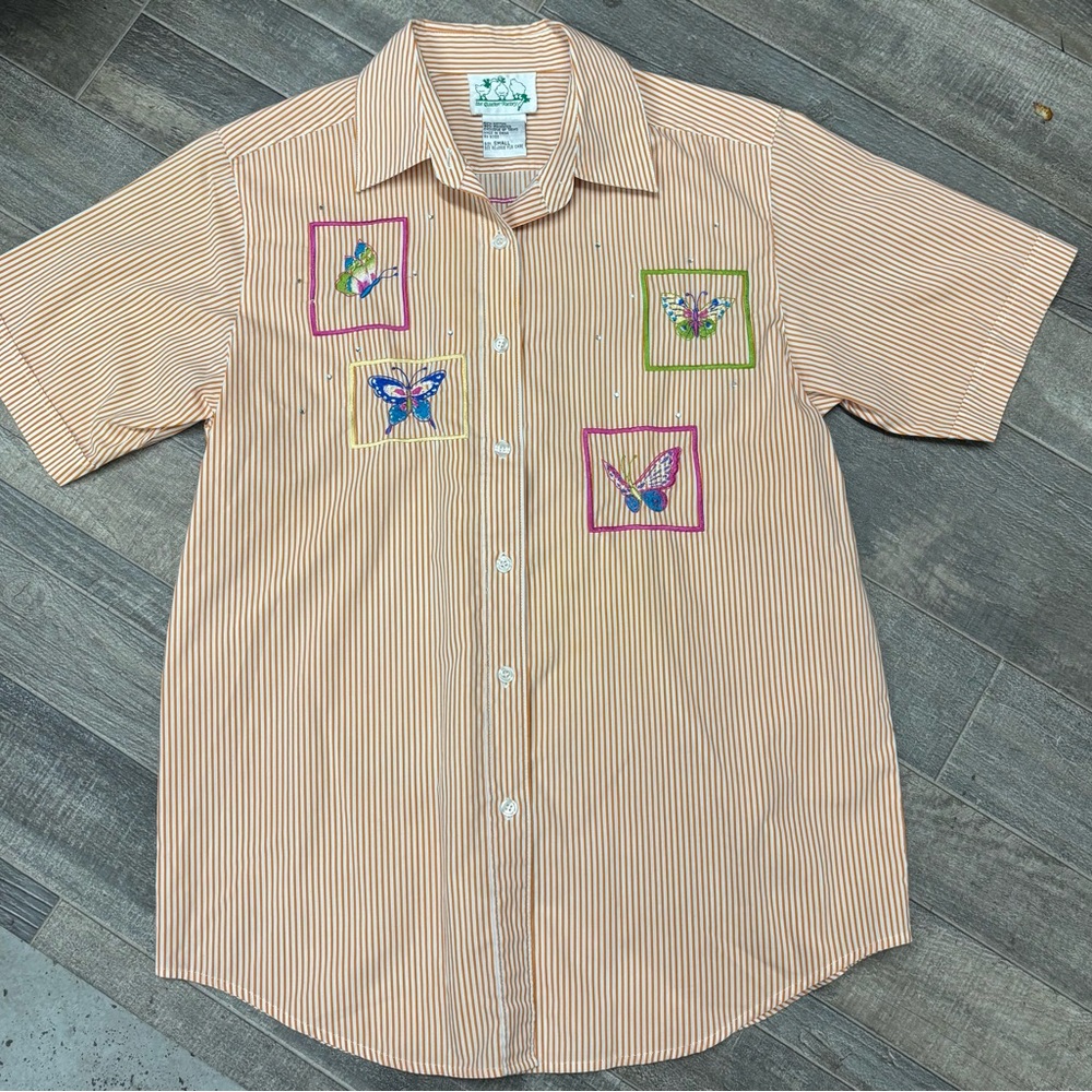 Vintage 90’s QuackerFactory Striped Button Down Shirt with Butterfly Embroidery